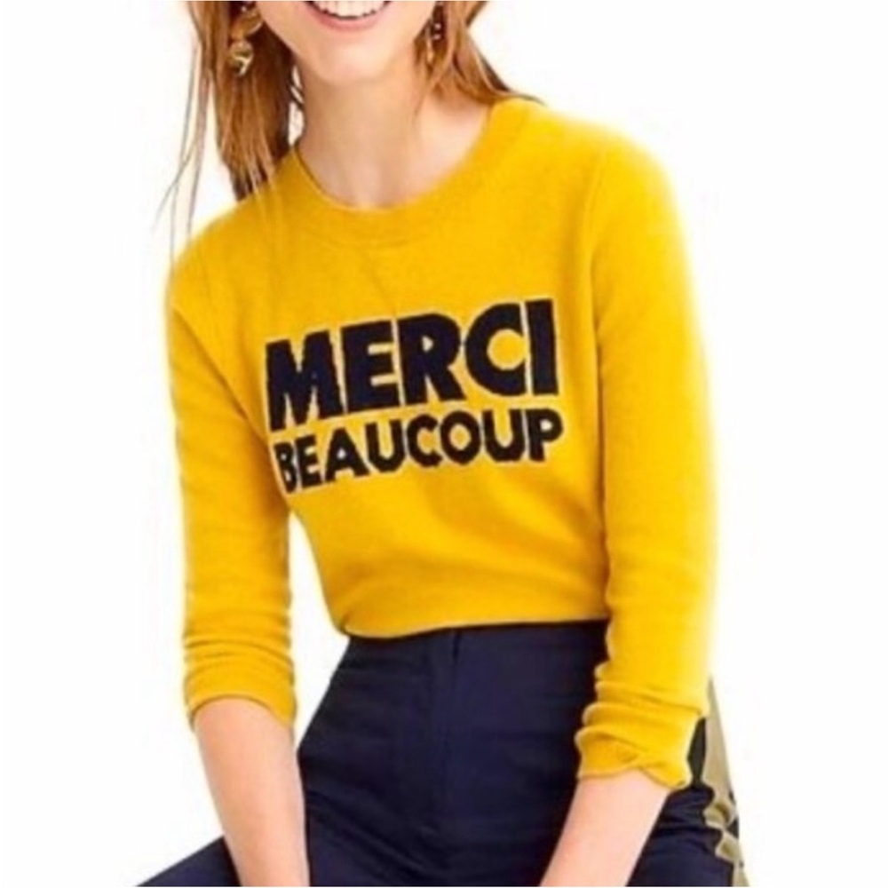 J CREW Cashmere Merci Beaucoup Sweater French Spell Out Luxury Travel Vacation S